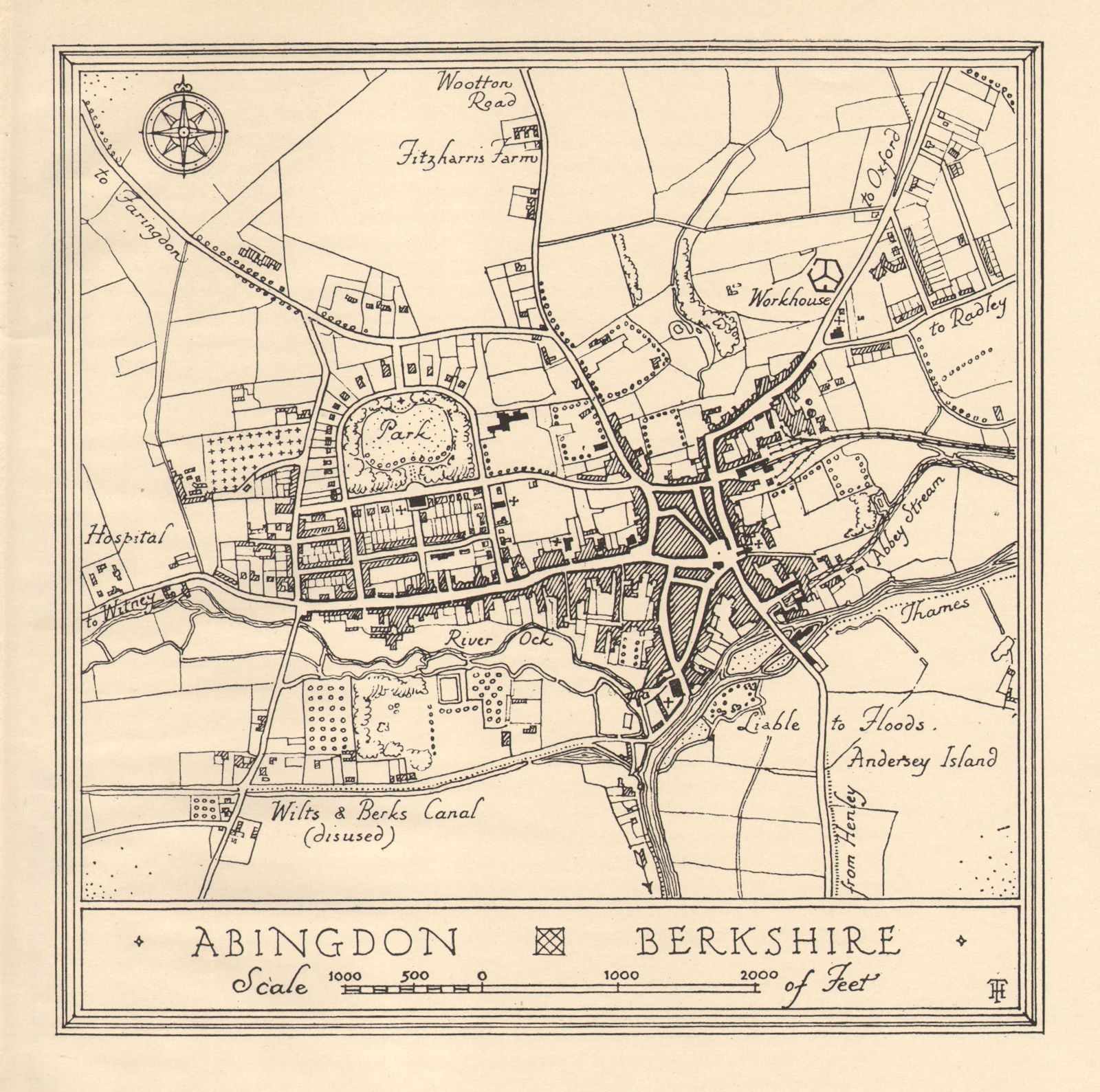 Town plan of ABINGDON, Oxfordshire. Thames Valley 1929 old vintage map chart